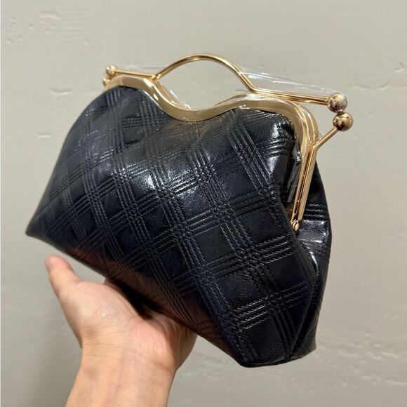 Black Quilted Genuine Lambskin  Double Kisslock Top Handle Bag & 2 Chain Styles - Picture 9 of 12